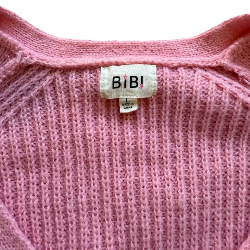 BiBi Women's Pink Pearl Beaded Cardigan Sweater Size L Balloon Sleeve Knit Cozy